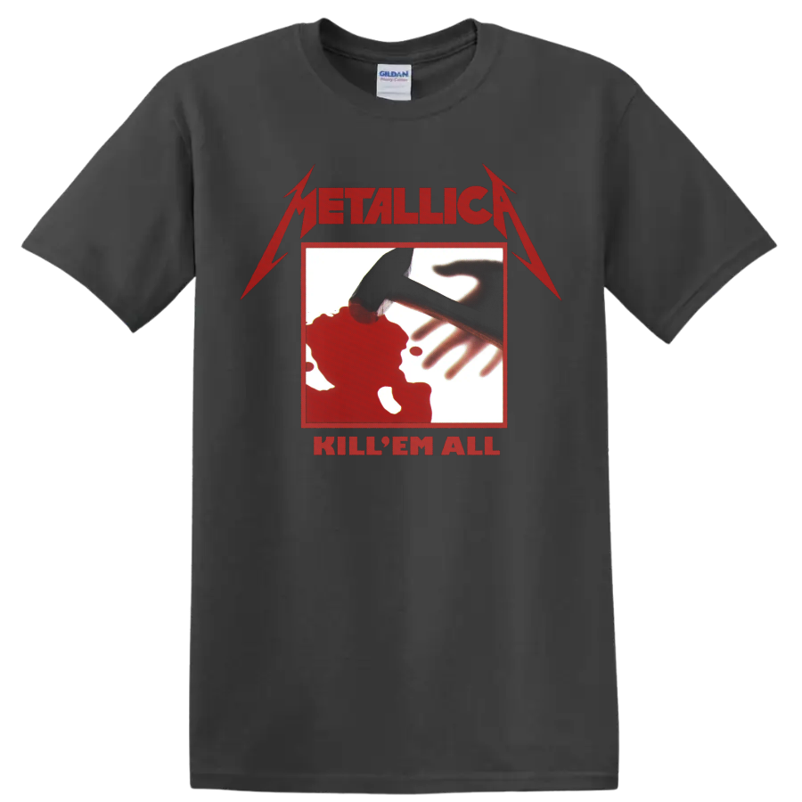 Metallica Kill 'Em All red logo and hammer graphic print on a Charcoal T Shirt