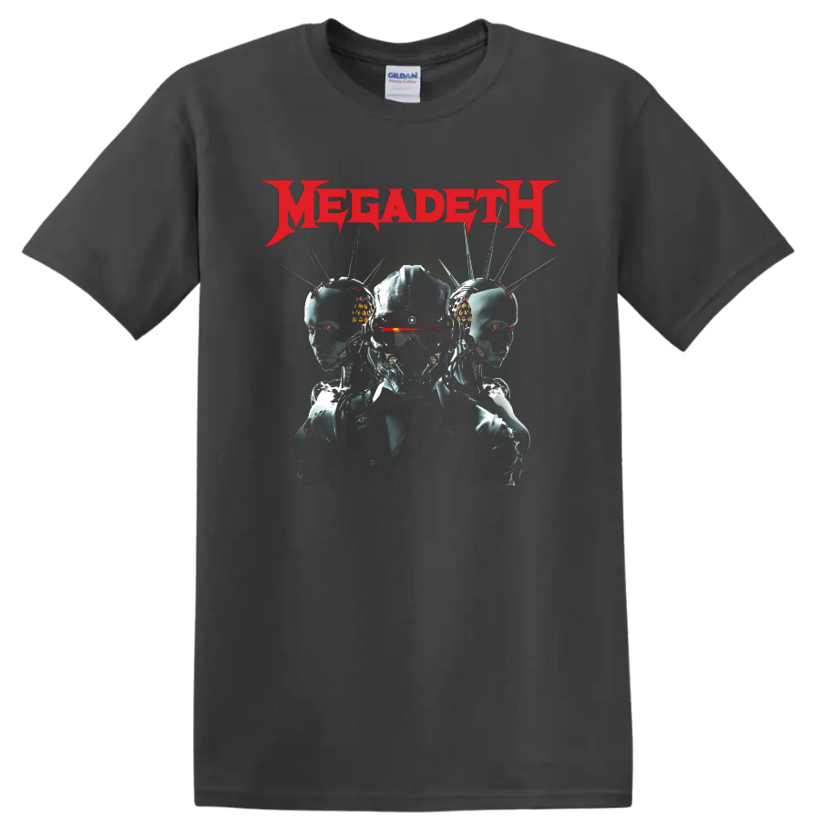 Megadeth logo above Vic Rattlehead cyberpunk robot trio graphic on a Charcoal T Shirt