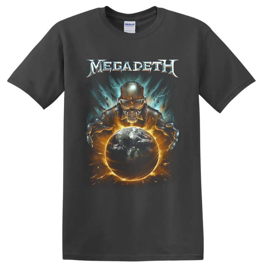 Megadeth Vic Rattlehead skull with burning Earth, lightning, and fiery cosmic art on a Charcoal T Shirt