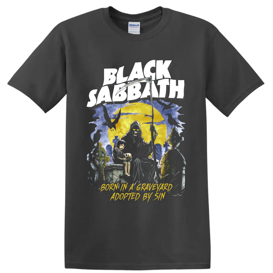 Black Sabbath Grim Reaper graveyard graphic with Born in a Graveyard Adopted by Sin text on a Charcoal T Shirt