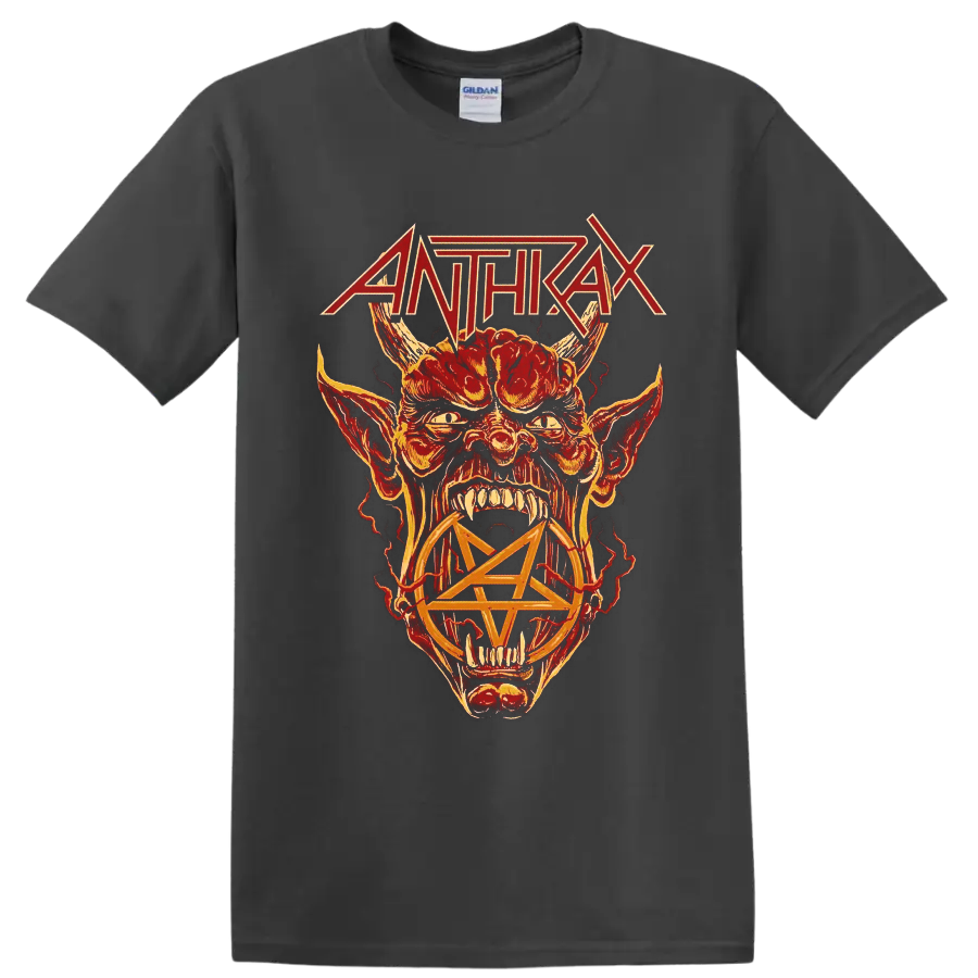 Anthrax logo above a horned snarling creature and pentagram in fiery distressed art on a Charcoal T Shirt