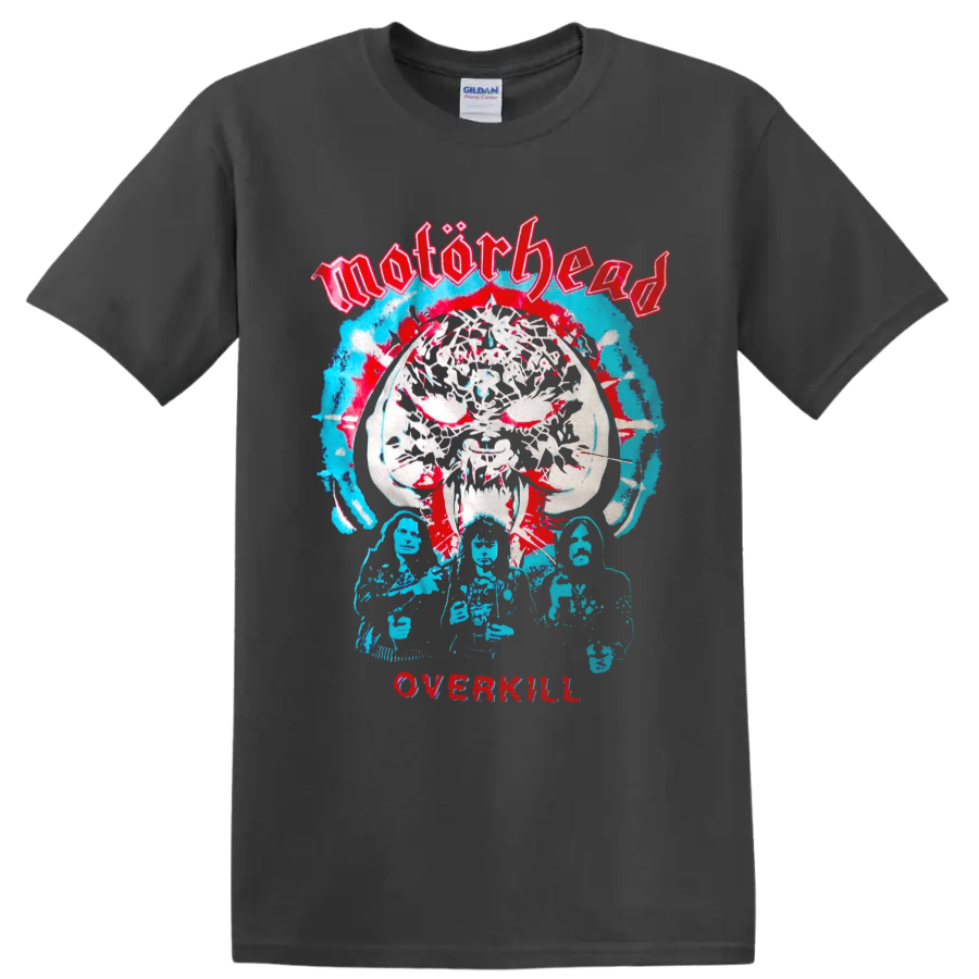 Motorhead Overkill Warpig skull graphic with distressed band figures on a Charcoal T Shirt