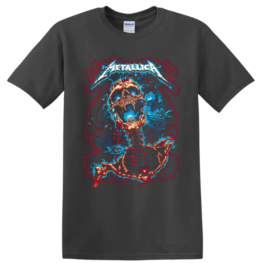 Metallica logo above a skull and skeleton with electric lightning and red linework on a Charcoal T Shirt