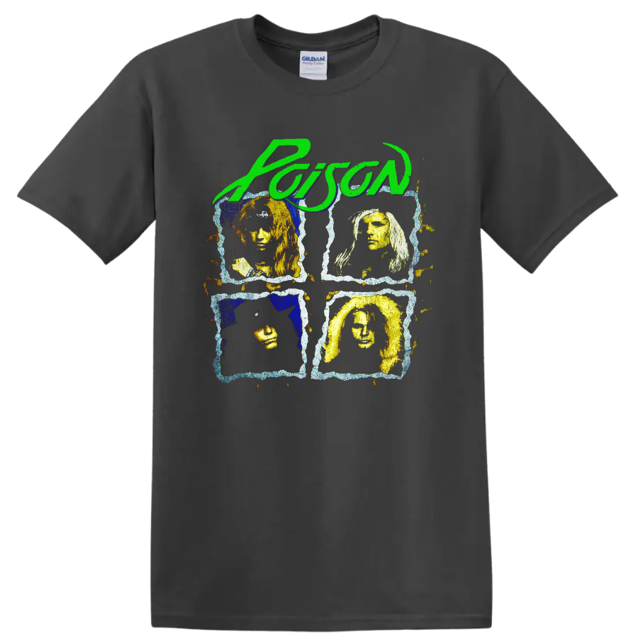 Poison green script above four distressed rock band portrait panels on a Charcoal T Shirt