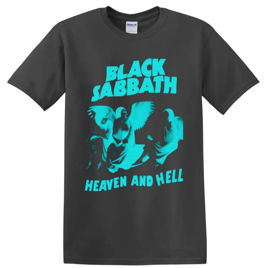 Black Sabbath Heaven and Hell aqua graphic with winged figures and bold lettering on a Charcoal T Shirt