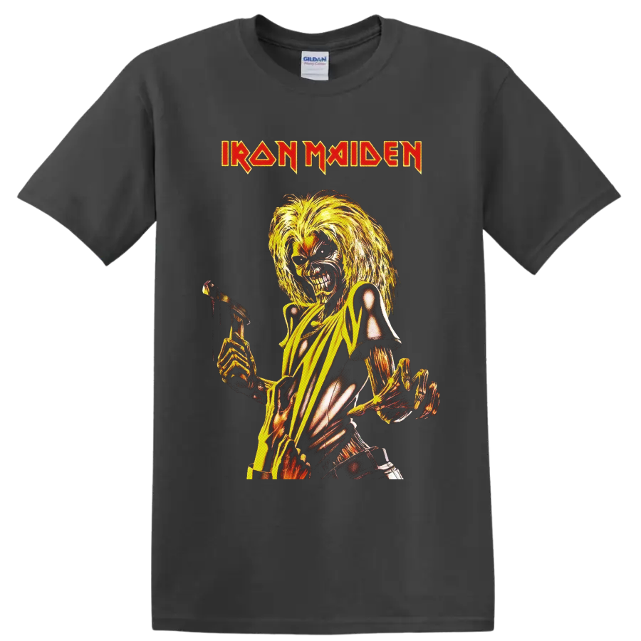 Iron Maiden Killers Eddie the Head skeleton with axe in fiery vintage metal art on a Charcoal T Shirt