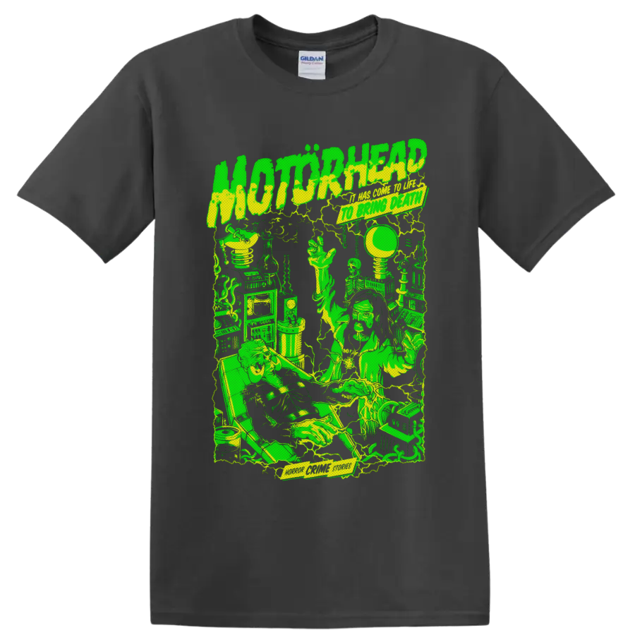 Motorhead Horror Crime Stories neon sci-fi laboratory graphic with skeletons and machinery on a Charcoal T Shirt