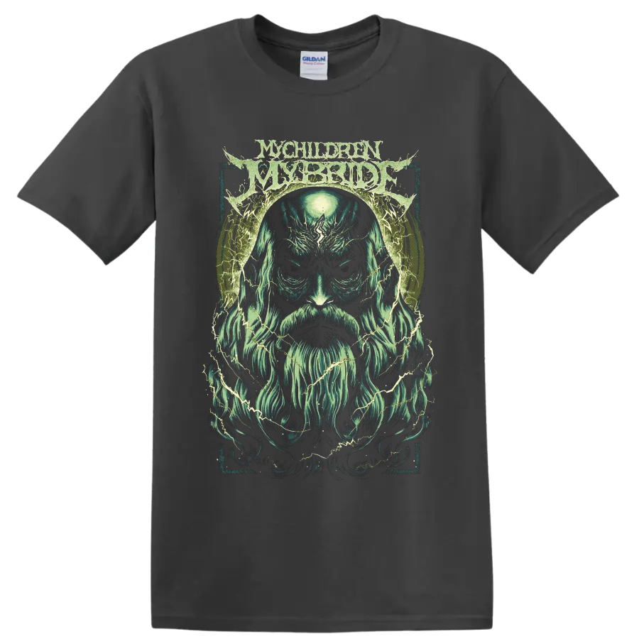 MyChildren MyBride logo above a spectral bearded portrait with lightning on a Charcoal T Shirt