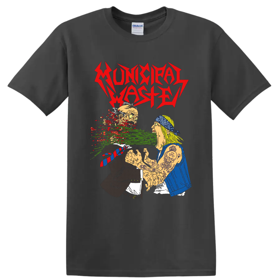 Municipal Waste jagged logo over grotesque cartoon punk horror artwork on a Charcoal T Shirt