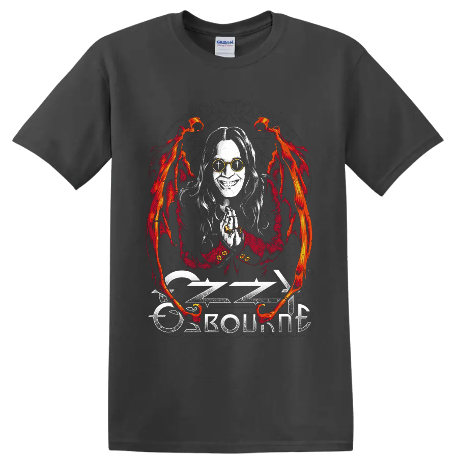 Ozzy Osbourne gothic portrait with flames, clasped hands, and distressed logo on a Charcoal T Shirt
