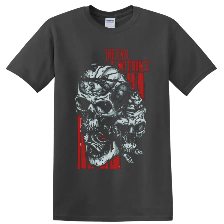 The Evil Within 2 distressed red title above layered gothic skull creature art on a Charcoal T Shirt