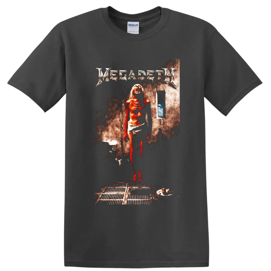Megadeth Countdown to Extinction distressed album-art scene with red figure on a Charcoal T Shirt