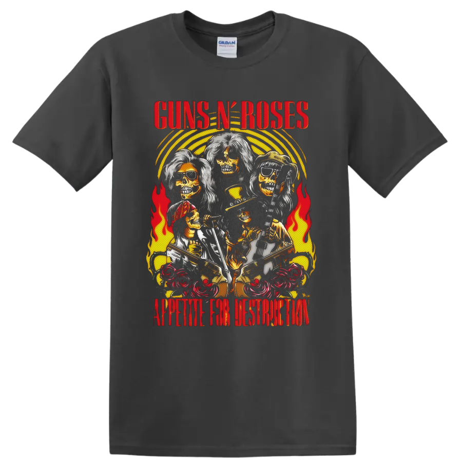 Guns N' Roses Appetite for Destruction skeletal band art with flames and roses on a Charcoal T Shirt
