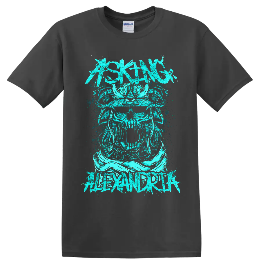 Asking Alexandria distressed turquoise Viking skull and horned helmet graphic on a Charcoal T Shirt