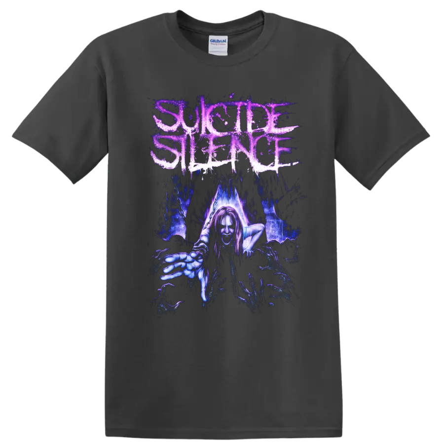 Suicide Silence distressed logo above a reaching gothic horror figure in blue and purple on a Charcoal T Shirt