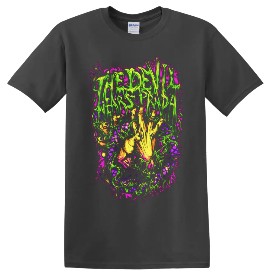 The Devil Wears Prada neon horror artwork with skeletal hand and dripping lettering on a Charcoal T Shirt