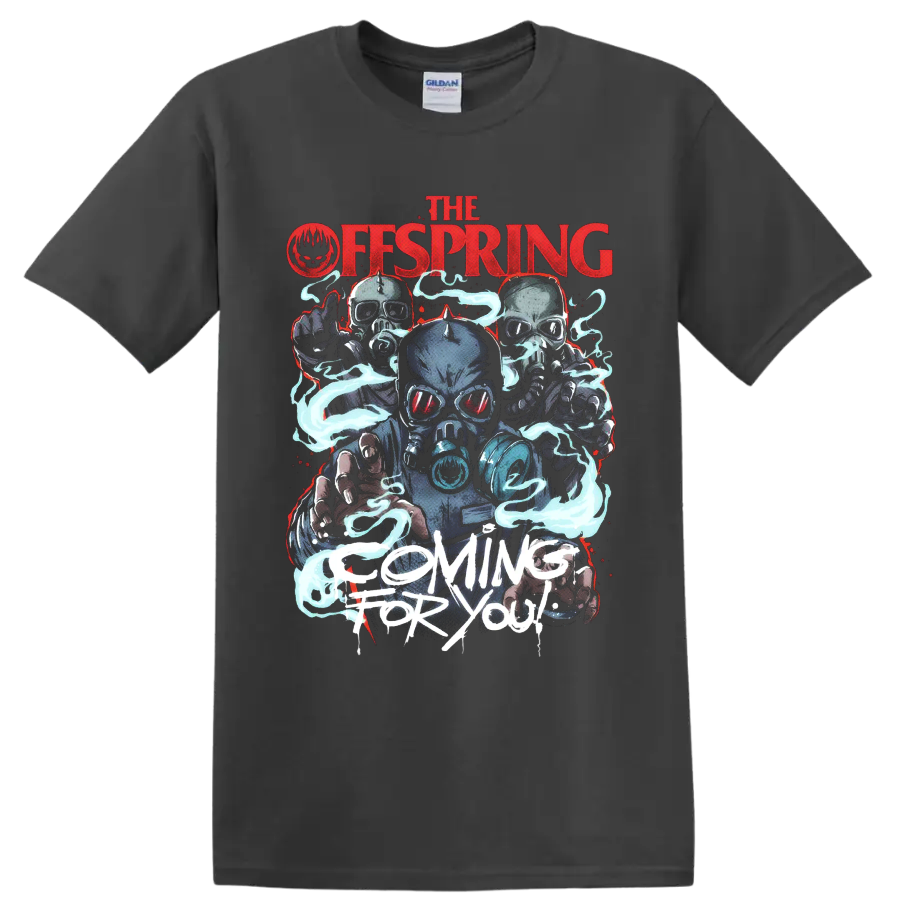 The Offspring Coming for You gas-mask figures with blue smoke and distressed lettering on a Charcoal T Shirt