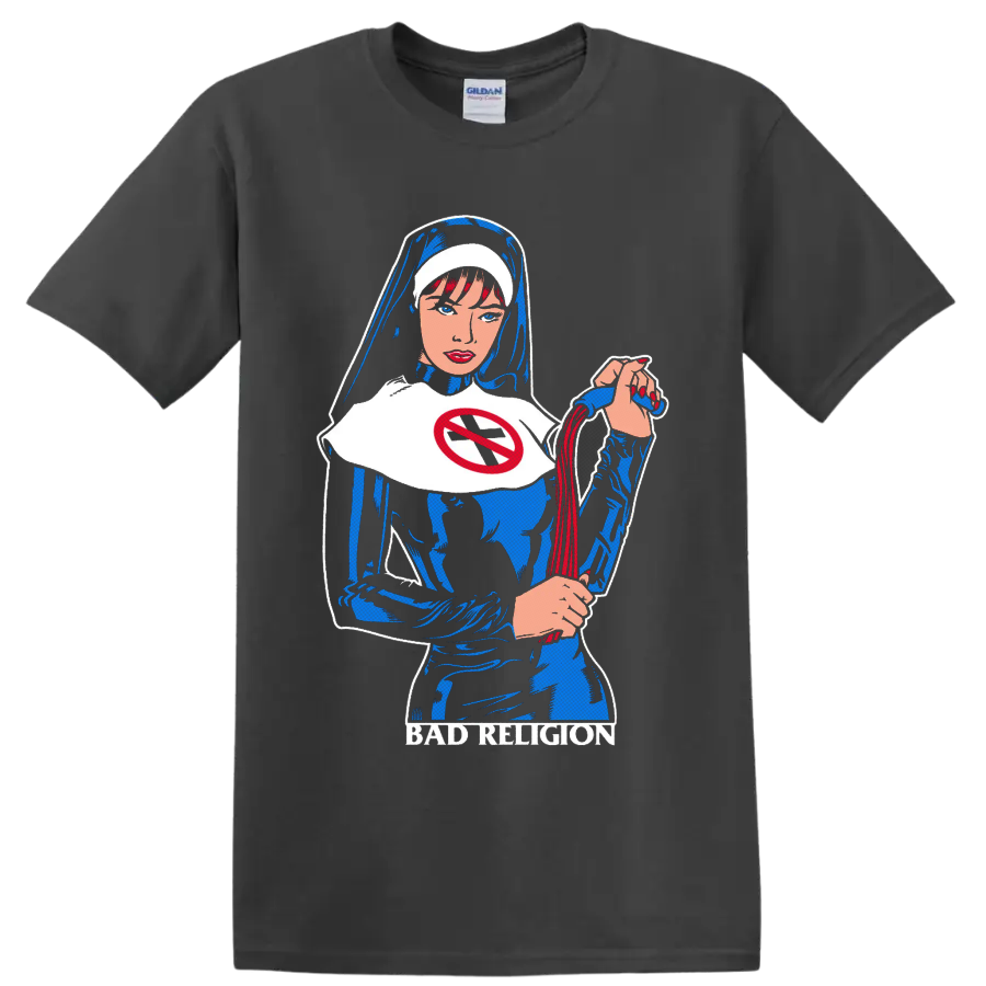 Bad Religion comic-style nun graphic with red no-cross emblem and blue-black artwork on a Charcoal T Shirt