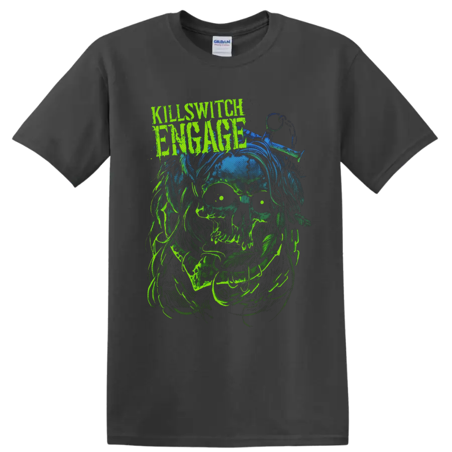Killswitch Engage distressed logo above neon-green zombie skull horror artwork on a Charcoal T Shirt