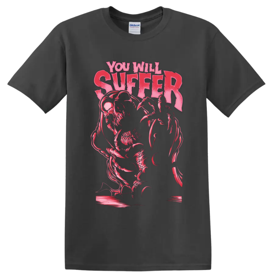 Kreator You Will Suffer distressed pink text with skeletal horror graphic on a Charcoal T Shirt
