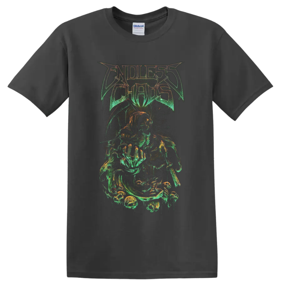 Endless Chaos hooded skeletal reaper and skull gothic metal graphic on a Charcoal T Shirt
