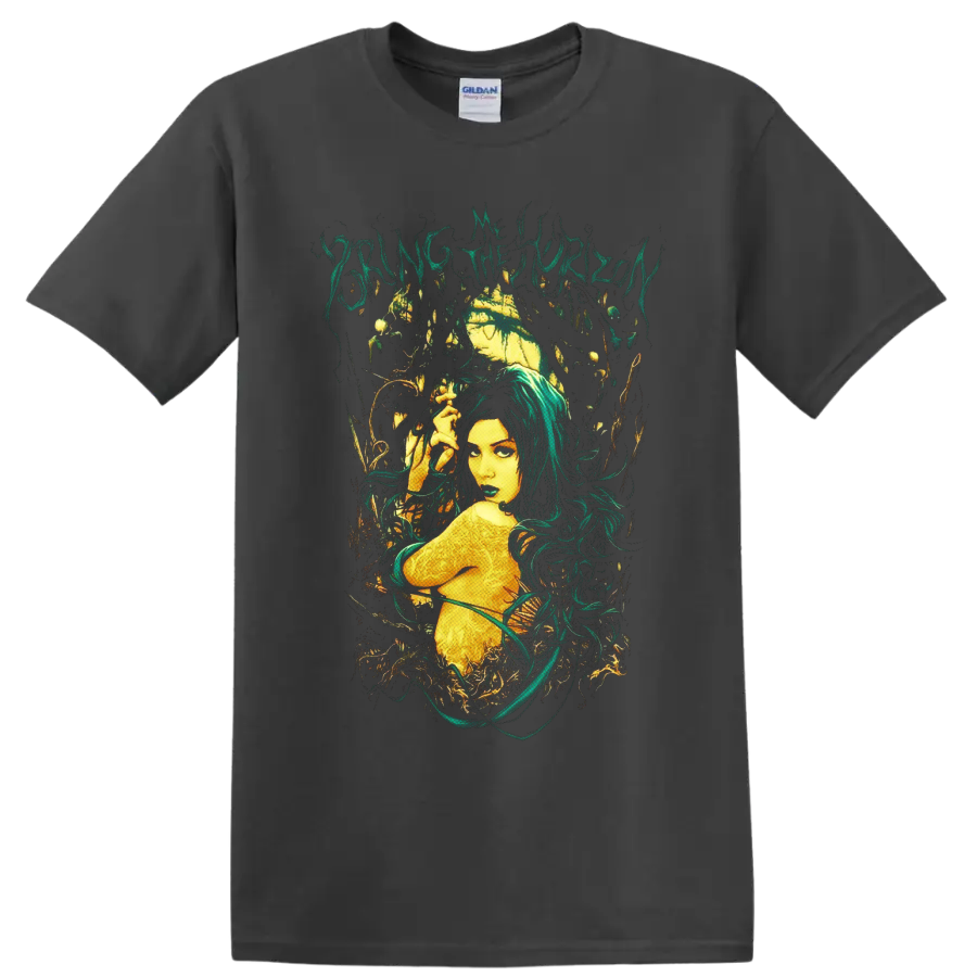 Bring Me the Horizon gothic forest nymph with teal hair, golden moon, and vines on a Charcoal T Shirt