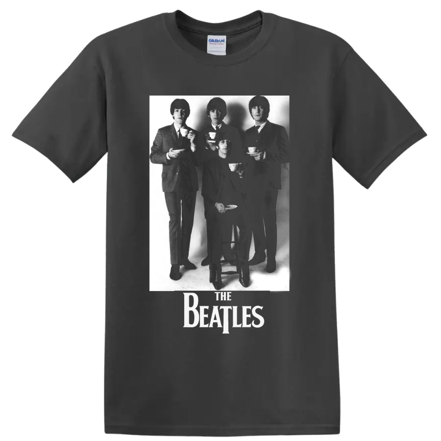The Beatles black-and-white tea party portrait with band logo on a Charcoal T Shirt