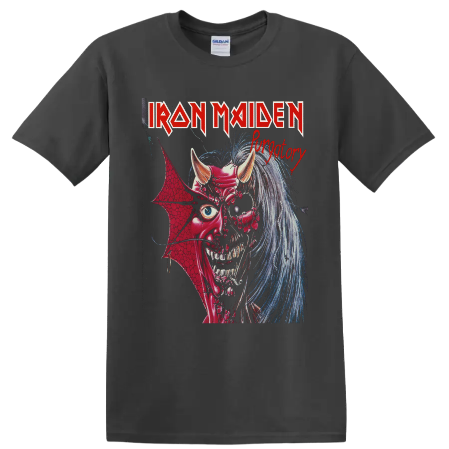 Iron Maiden Purgatory graphic with Eddie as a horned demon in vintage heavy metal art on a Charcoal T Shirt
