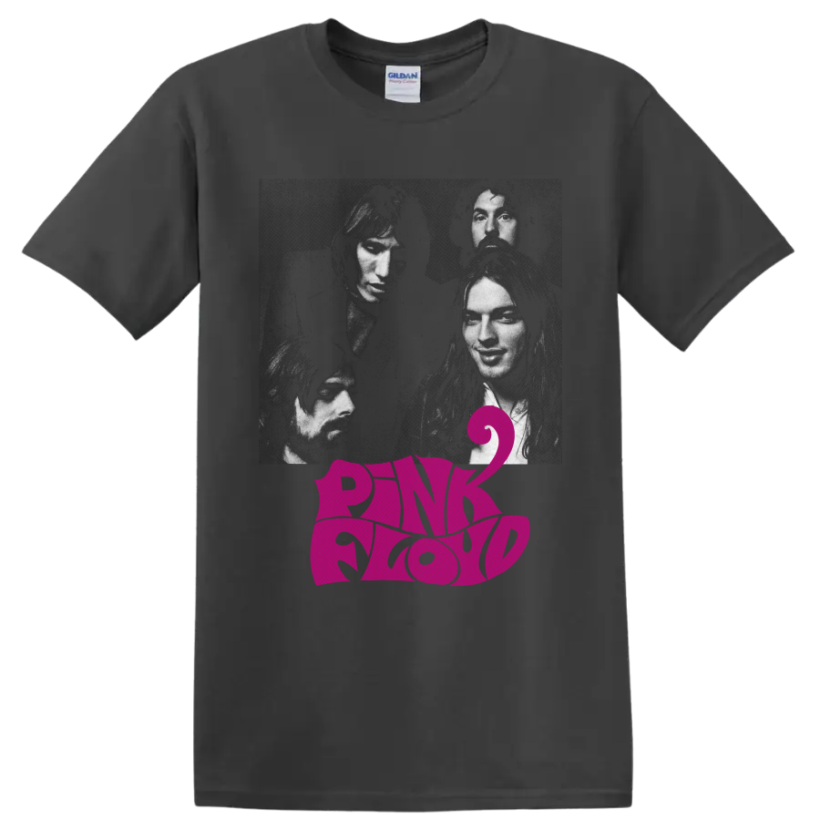 Pink Floyd band portrait graphic with magenta logo lettering and stylized number 2 on a Charcoal T Shirt