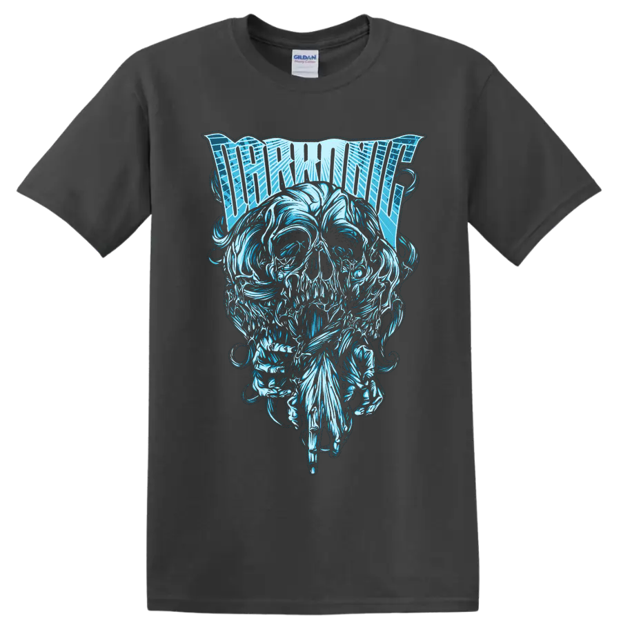 Thornhill lettering above an ornate icy blue skull in detailed metalcore artwork on a Charcoal T Shirt