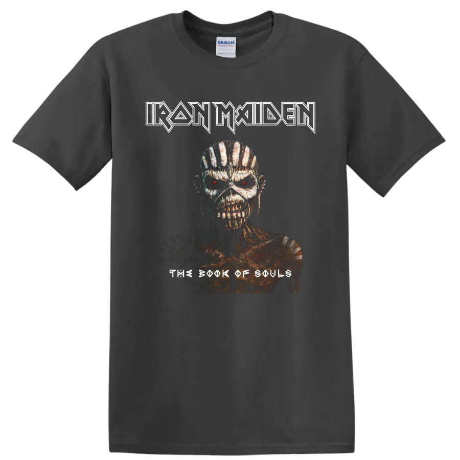Iron Maiden The Book of Souls Eddie portrait with distressed heavy metal logo on a Charcoal T Shirt
