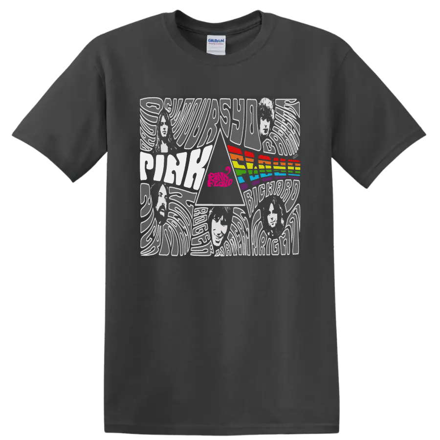 Pink Floyd Dark Side of the Moon prism and rainbow psychedelic collage on a Charcoal T Shirt
