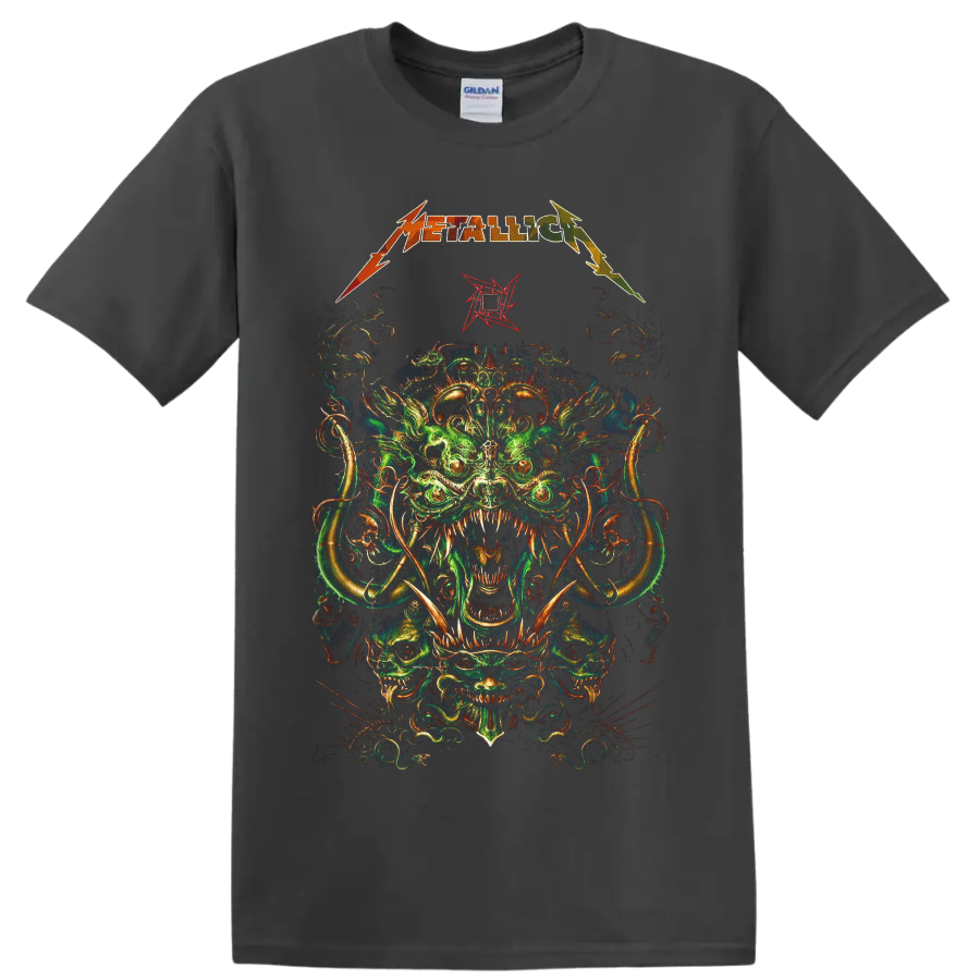 Metallica logo above psychedelic horned creature and skull artwork on a Charcoal T Shirt