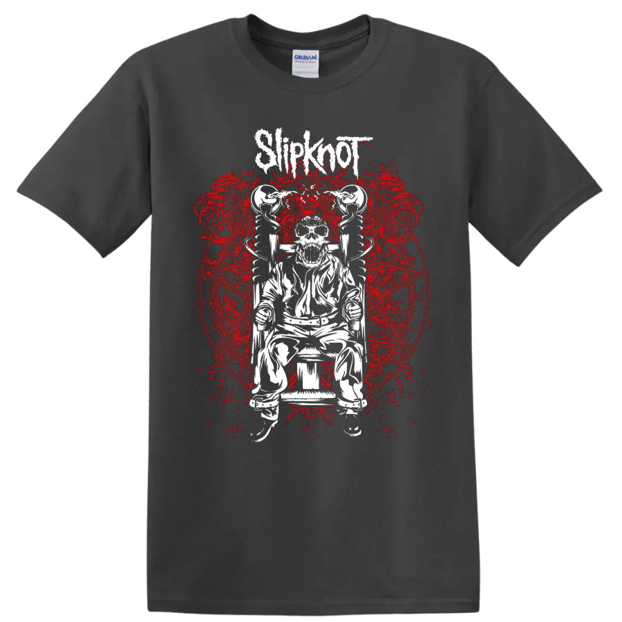 Slipknot logo above skeleton in electric chair with distressed red sigil artwork on a Charcoal T Shirt
