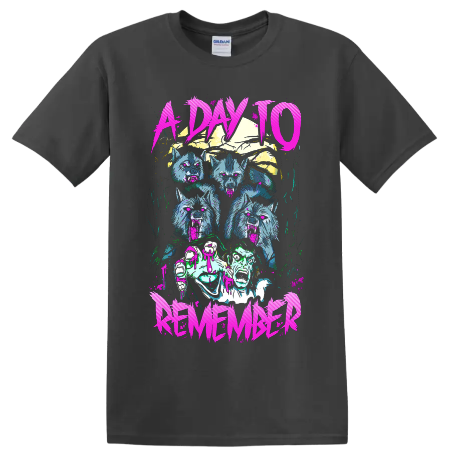 A Day to Remember neon horror graphic with snarling wolves and an undead figure on a Charcoal T Shirt