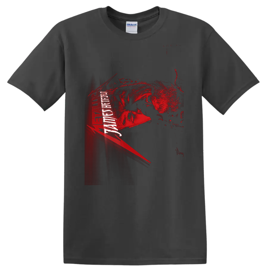 James Hetfield Metallica distressed red and black portrait graphic with vertical band on a Charcoal T Shirt