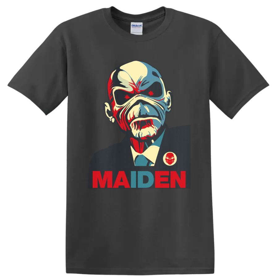 Iron Maiden Eddie the Head portrait in vintage heavy metal poster style with MAIDEN text on a Charcoal T Shirt