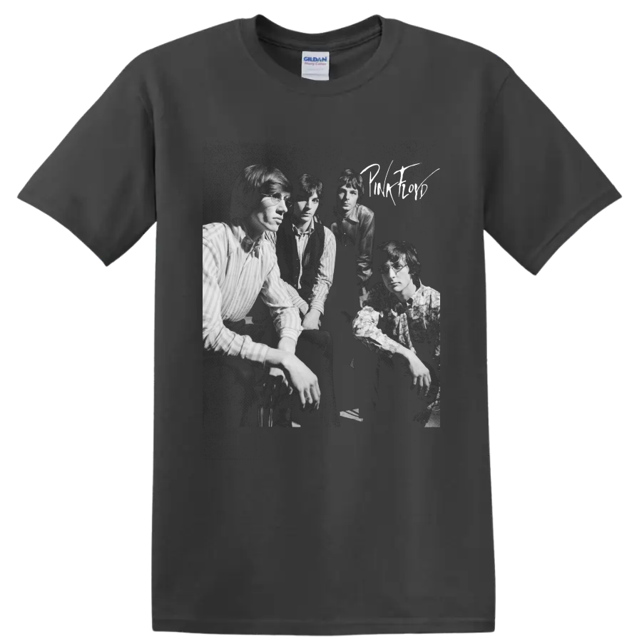 Pink Floyd original lineup black-and-white vintage portrait graphic on a Charcoal T Shirt