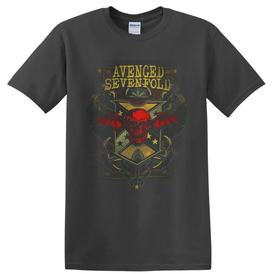 Avenged Sevenfold Deathbat red skull and bat-wing vintage crest graphic on a Charcoal T Shirt