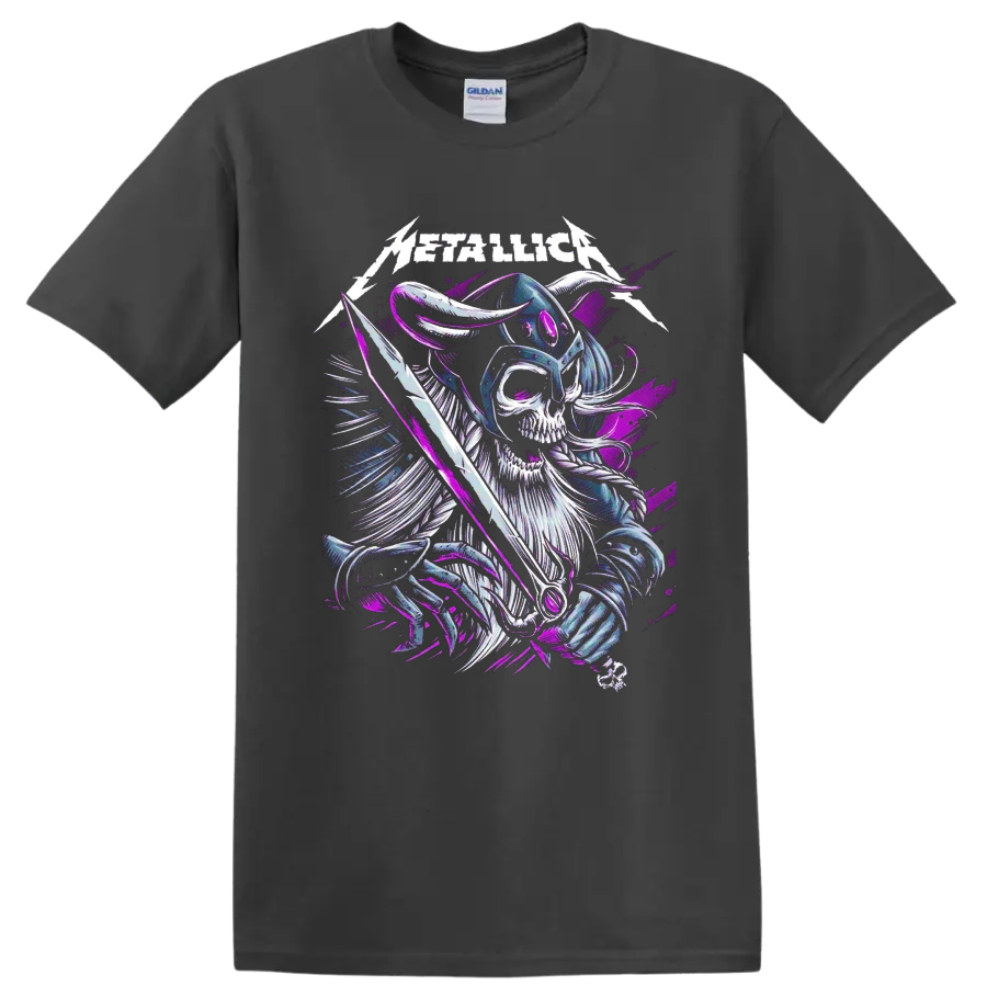 Metallica logo above a horned Viking skeleton warrior with sword in purple and blue art on a Charcoal T Shirt