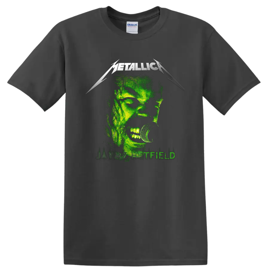 Metallica James Hetfield distressed green microphone portrait with band logo on a Charcoal T Shirt