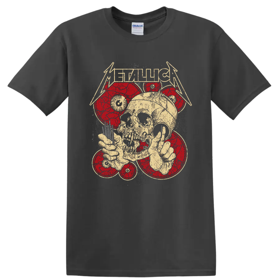 Metallica logo above distressed skull and skeletal hands with red circular graphics on a Charcoal T Shirt