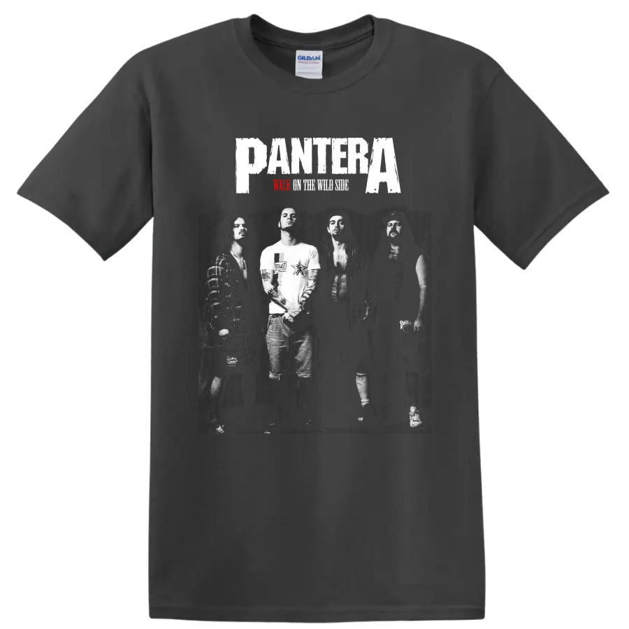 Pantera logo over black-and-white band photo with Walk on the Wild Side text on a Charcoal T Shirt