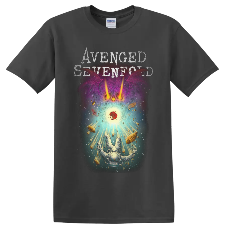Avenged Sevenfold distressed text above a surreal astronaut cosmic graphic on a Charcoal T Shirt