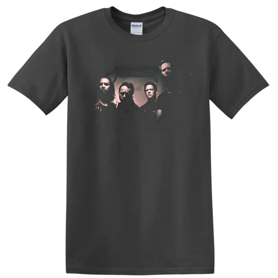 Metallica The Four Horsemen distressed graphic with four band portraits and logo on a Charcoal T Shirt