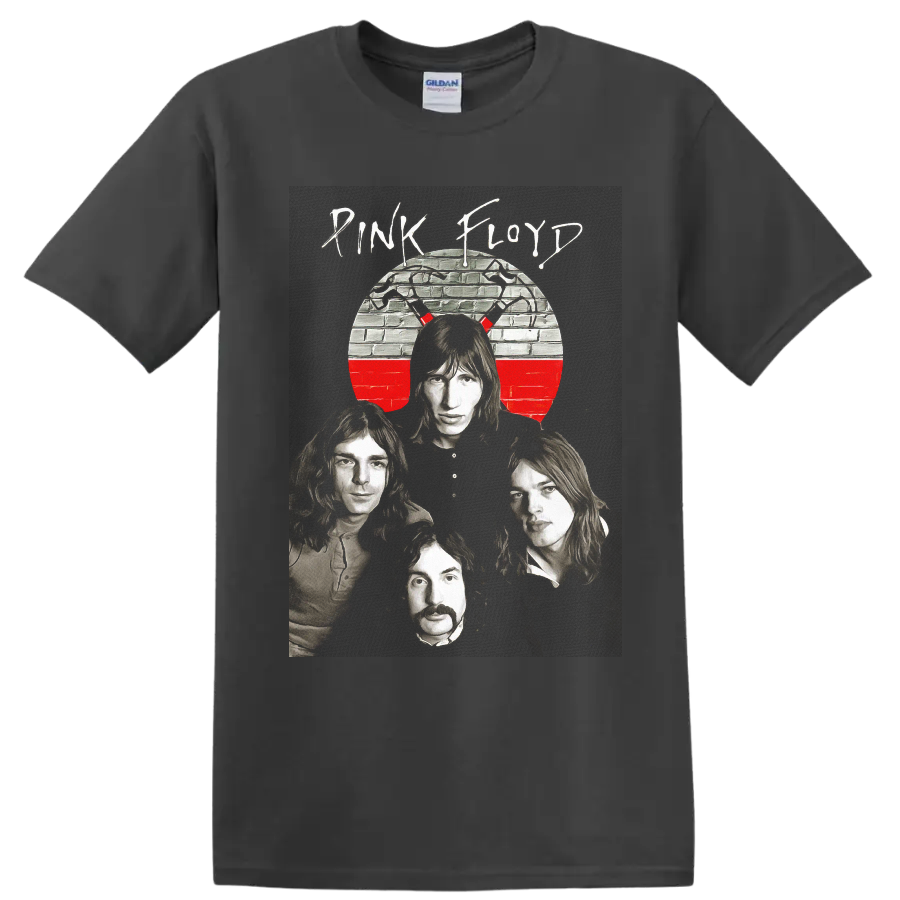 Pink Floyd The Wall band portrait with brick wall circle and red accent on a Charcoal T Shirt