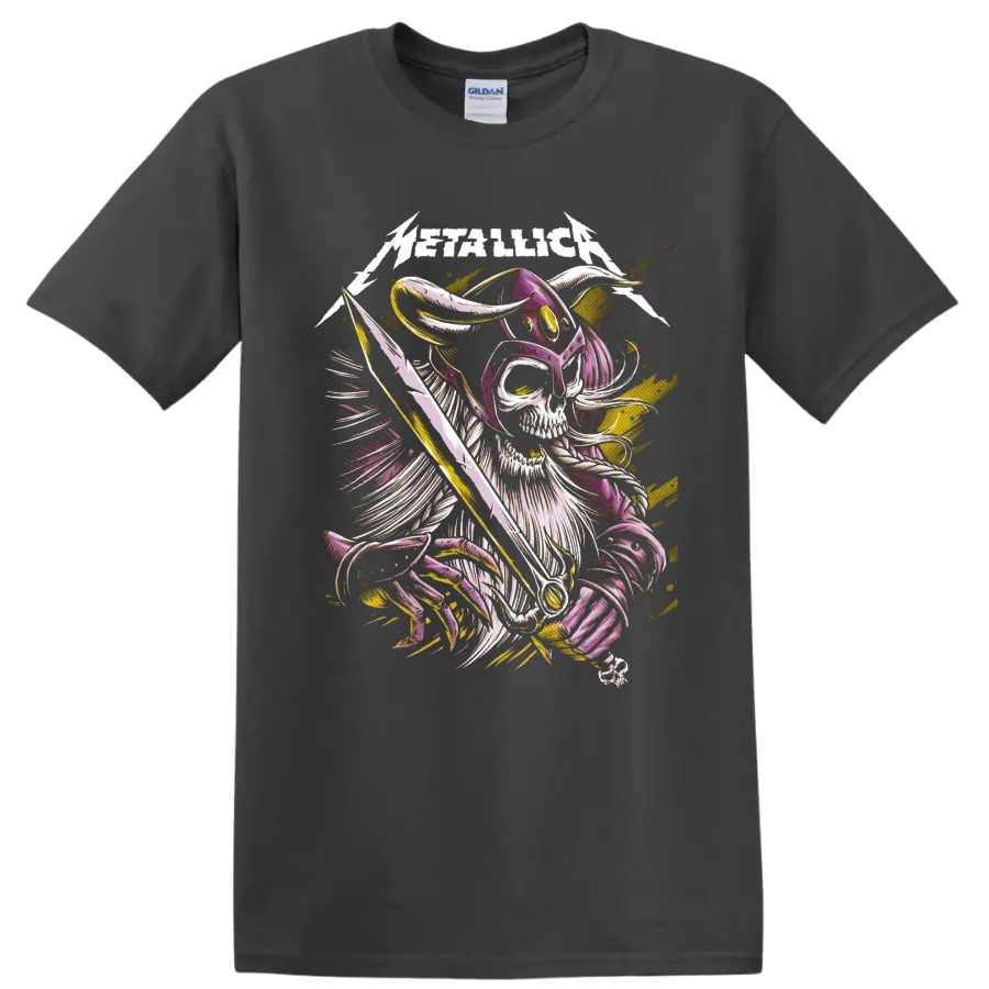 Metallica logo above a horned skeleton warrior with sword and lightning graphic on a Charcoal T Shirt