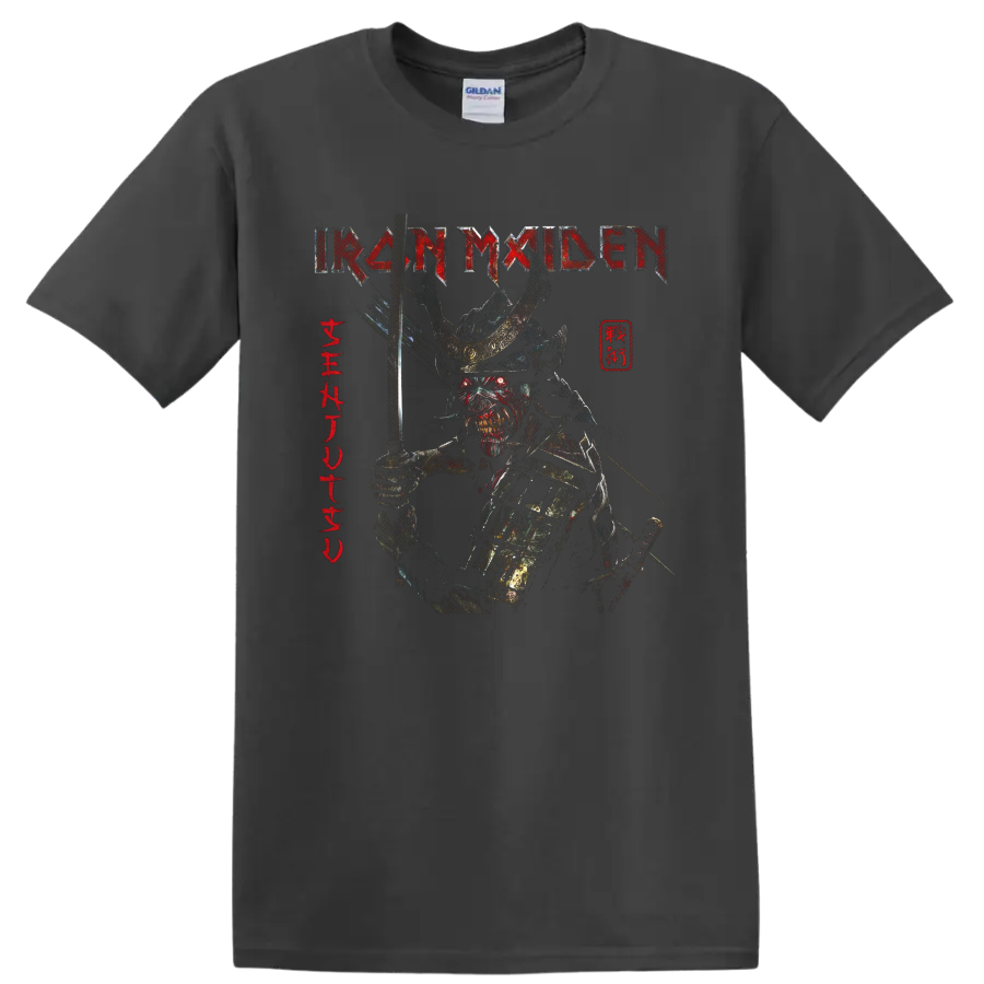Iron Maiden Senjutsu Eddie armored samurai graphic with sword and distressed band logo on a Charcoal T Shirt