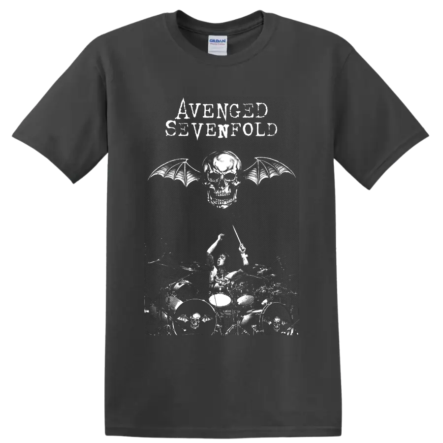 Avenged Sevenfold Deathbat winged skull and live drummer distressed graphic on a Charcoal T Shirt