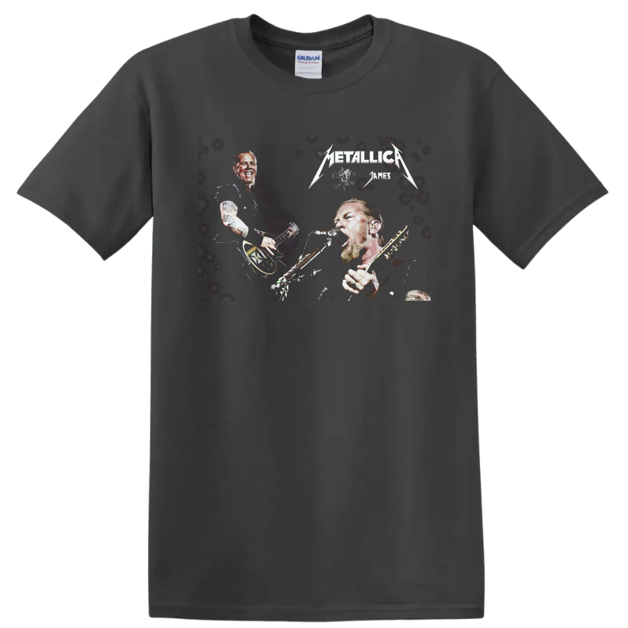 James Hetfield Metallica live-performance graphic with guitar, microphone, and band logos on a Charcoal T Shirt